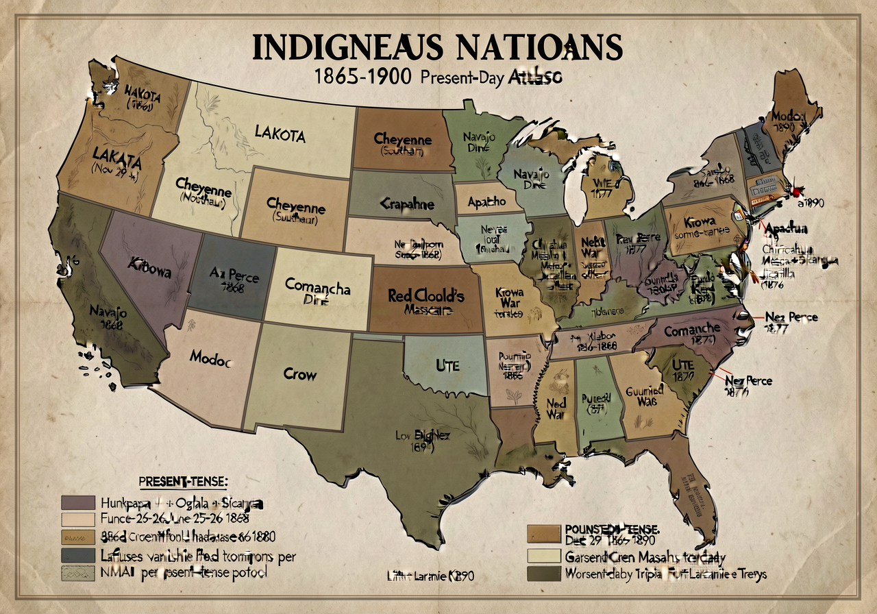 Indigenous Nations 1865-1900 Atlas — 36x48 inch wall map showing Indigenous nations across present-day US 1865-1900: Lak