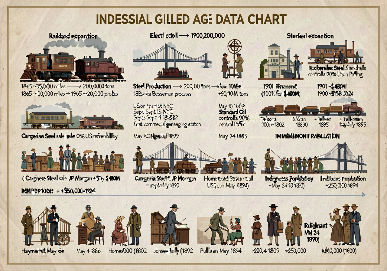 Industrial-Gilded Age Data Chart — 24x36 inch wall display with multiple data series: railroad expansion 1865 (35,000 mi