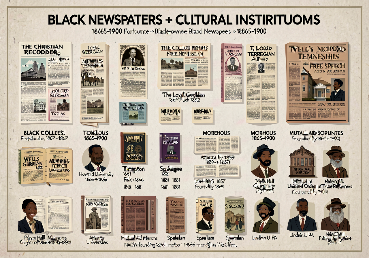 Black Newspapers + Cultural Institutions 1865-1900 — 18x24 inch wall chart documenting Reconstruction-era + post-Reconst
