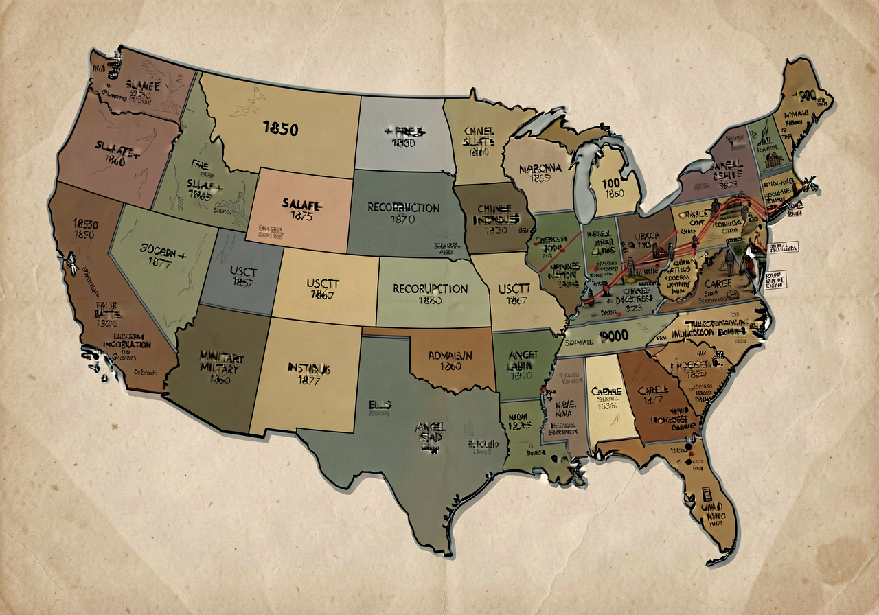 36x48 inch wall display 5 layered overlay maps (1850/1860/1865/1877/1900) of US with free + slave states + territories +