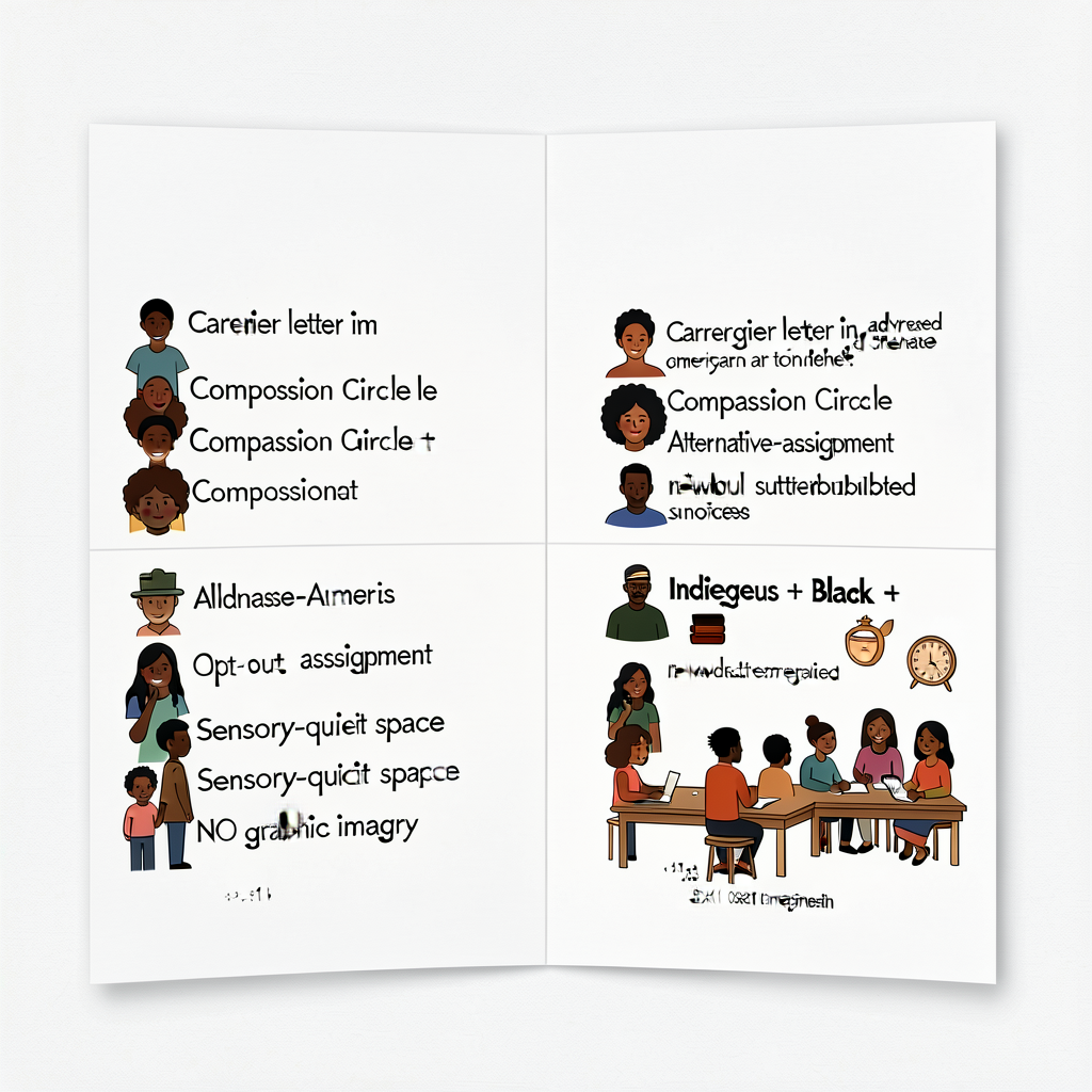 8.5x11 laminated double-sided card at teacher desk + each table; lists caregiver letter in advance + Compassion Circle c