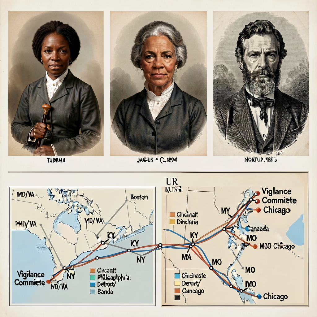 Triptych: Tubman c.1885 portrait (with cane); Jacobs c.1894 portrait; Northup 1853 engraving; paired with UR routes map 