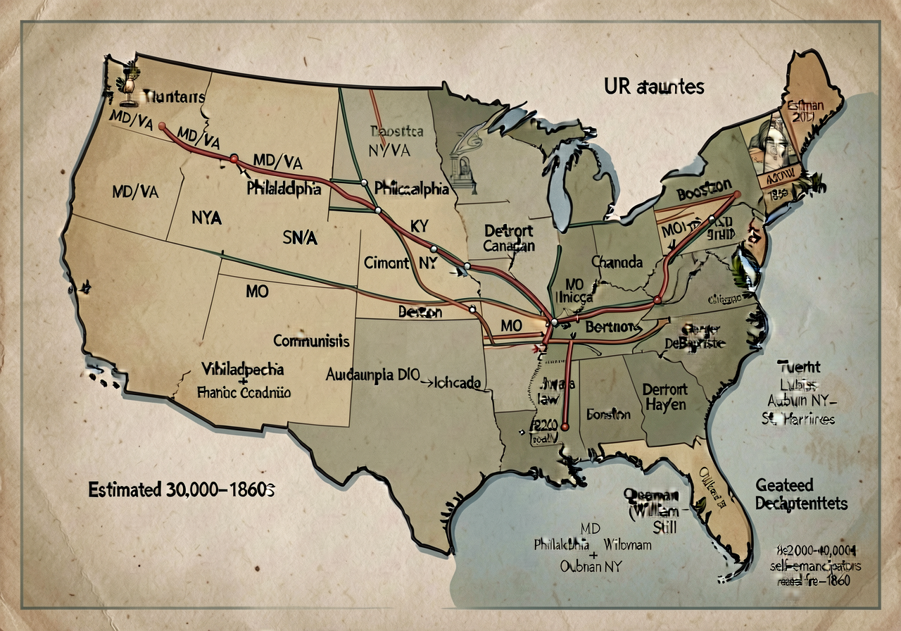 Map of eastern US showing UR routes 1830s-1860s with trunk lines (MD/VA -> Philadelphia -> NY -> Boston; KY -> Cincinnat