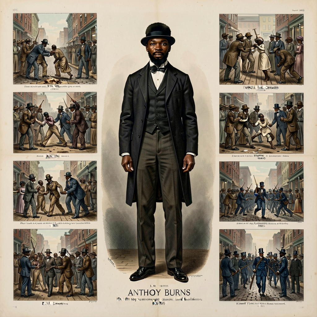 Lithograph of Anthony Burns 1855 (full-length portrait + 7 vignettes of VA escape + Boston capture + Faneuil Hall protes