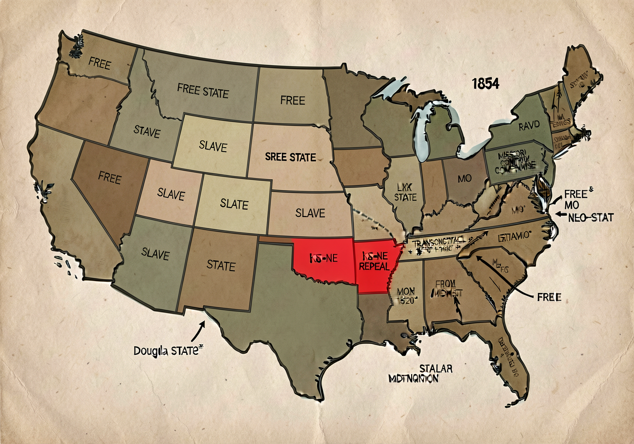 Map of US 1854 showing free states + slave states + territories; Missouri Compromise 1820 line 36°30' dashed; KS-NE REPE