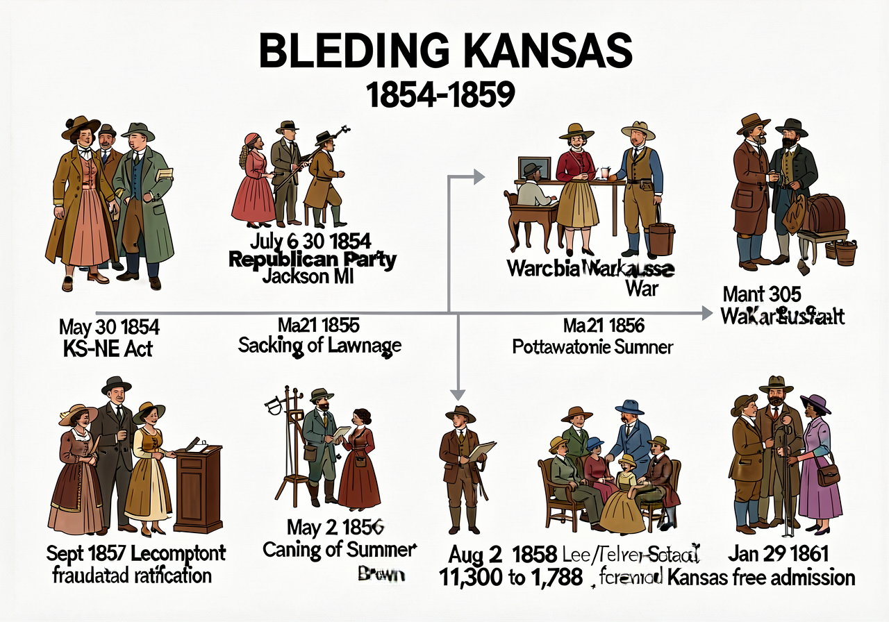 Timeline Bleeding Kansas 1854-1859 with 8 events: May 30 1854 KS-NE Act; July 6 1854 Republican Party Jackson MI; March 