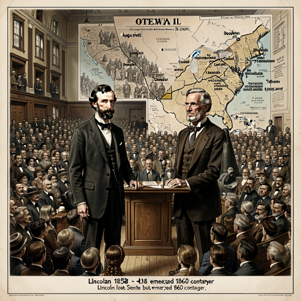 Lithograph + photograph composite of 1858 Lincoln-Douglas debates showing Ottawa IL debate setting Aug 21 1858 + crowd ~
