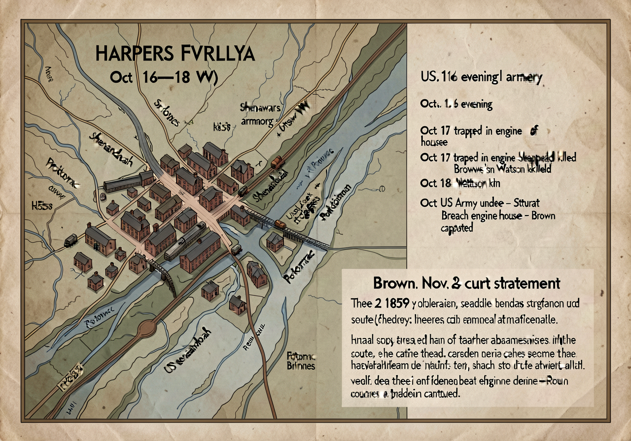 Topographic map of Harpers Ferry VA (now WV) Oct 16-18 1859 showing US federal armory + Shenandoah + Potomac river confl