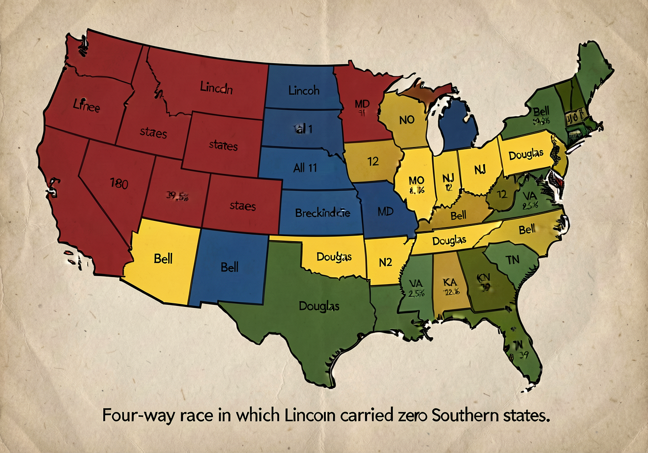Election map US Nov 6 1860 showing electoral votes color-coded: Lincoln RED all free states + 180 electoral; Breckinridg
