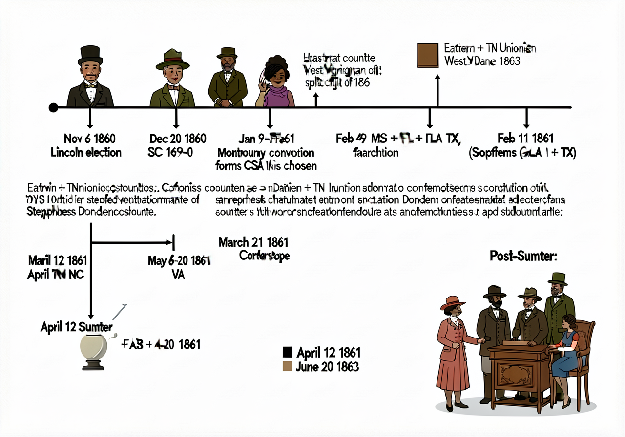 Timeline Nov 6 1860 (Lincoln election) -> Dec 20 1860 (SC 169-0) -> Jan 9-Feb 1 1861 (MS + FL + AL + GA + LA + TX) -> Fe