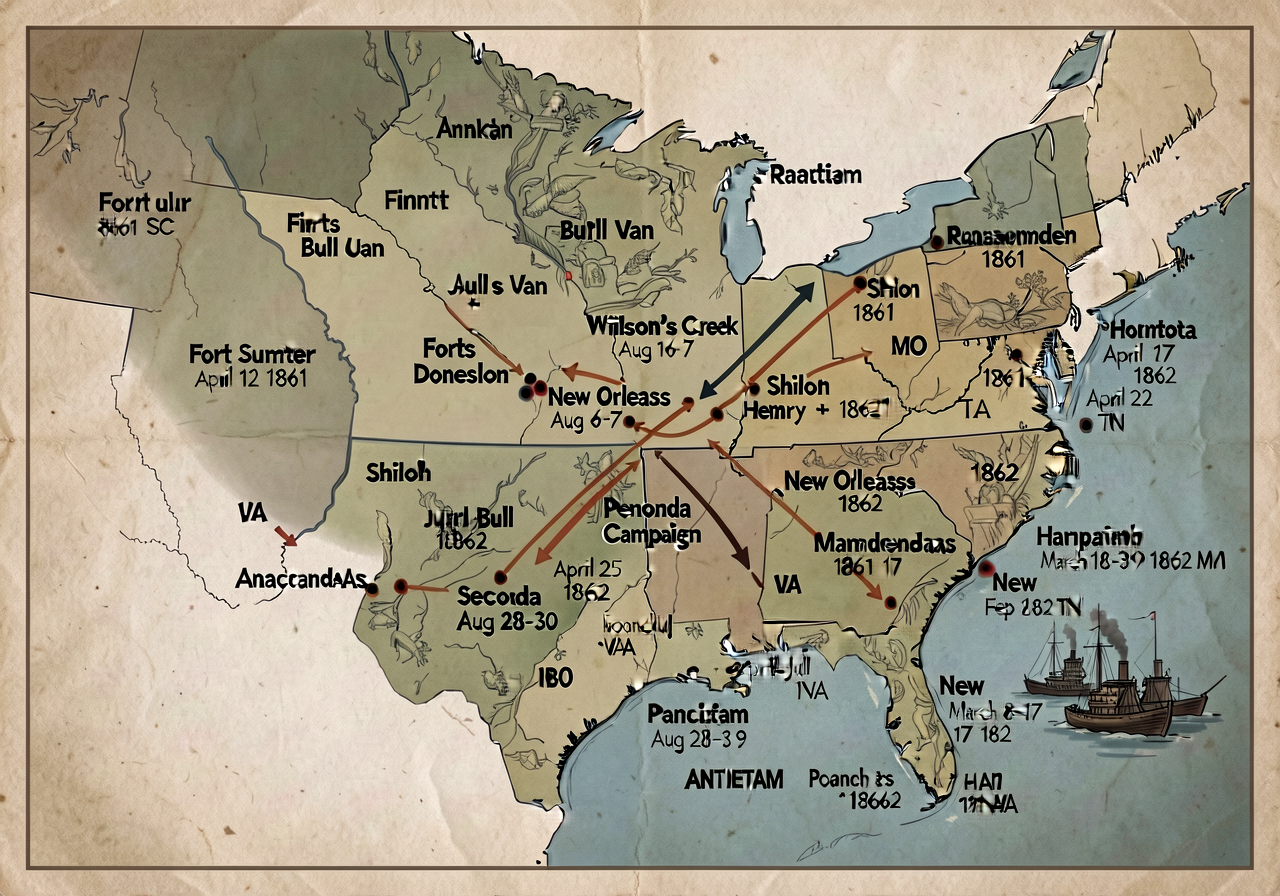 Map of eastern + western theaters showing 1861-1862 battles: Fort Sumter April 12 1861 SC + First Bull Run July 21 1861 