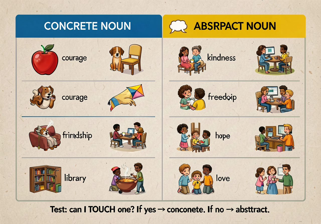 Reproduction of MG-6 at 11x17: 2-column table with CONCRETE NOUN (left, blue, touch-icon) and ABSTRACT NOUN (right, yell