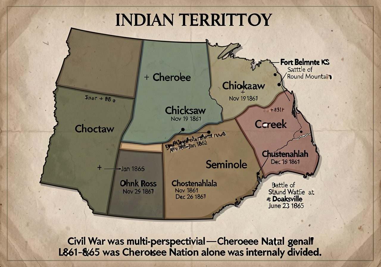 Map of Indian Territory (present-day OK) 1861-1865 showing 5 tribal territories (Cherokee + Choctaw + Chickasaw + Creek 