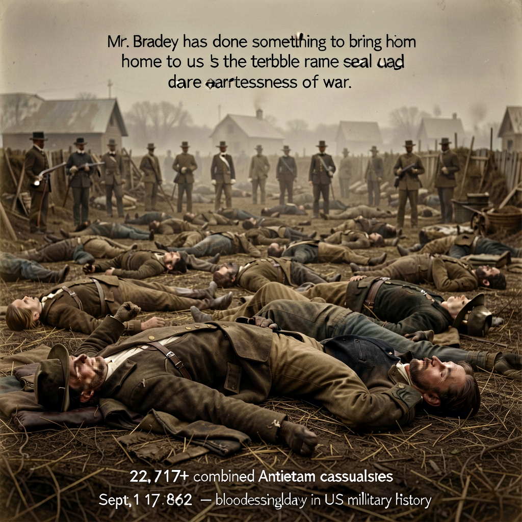 Mathew Brady studio photograph (Gardner + Gibson) of Confederate dead at Antietam Sept 1862 — taken Sept 19 1862 + first