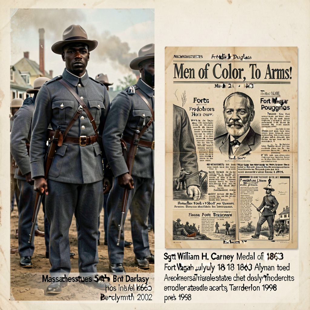 Massachusetts 54th recruitment photograph 1863 (Black soldiers in Union uniform) + Frederick Douglass 'Men of Color, To 