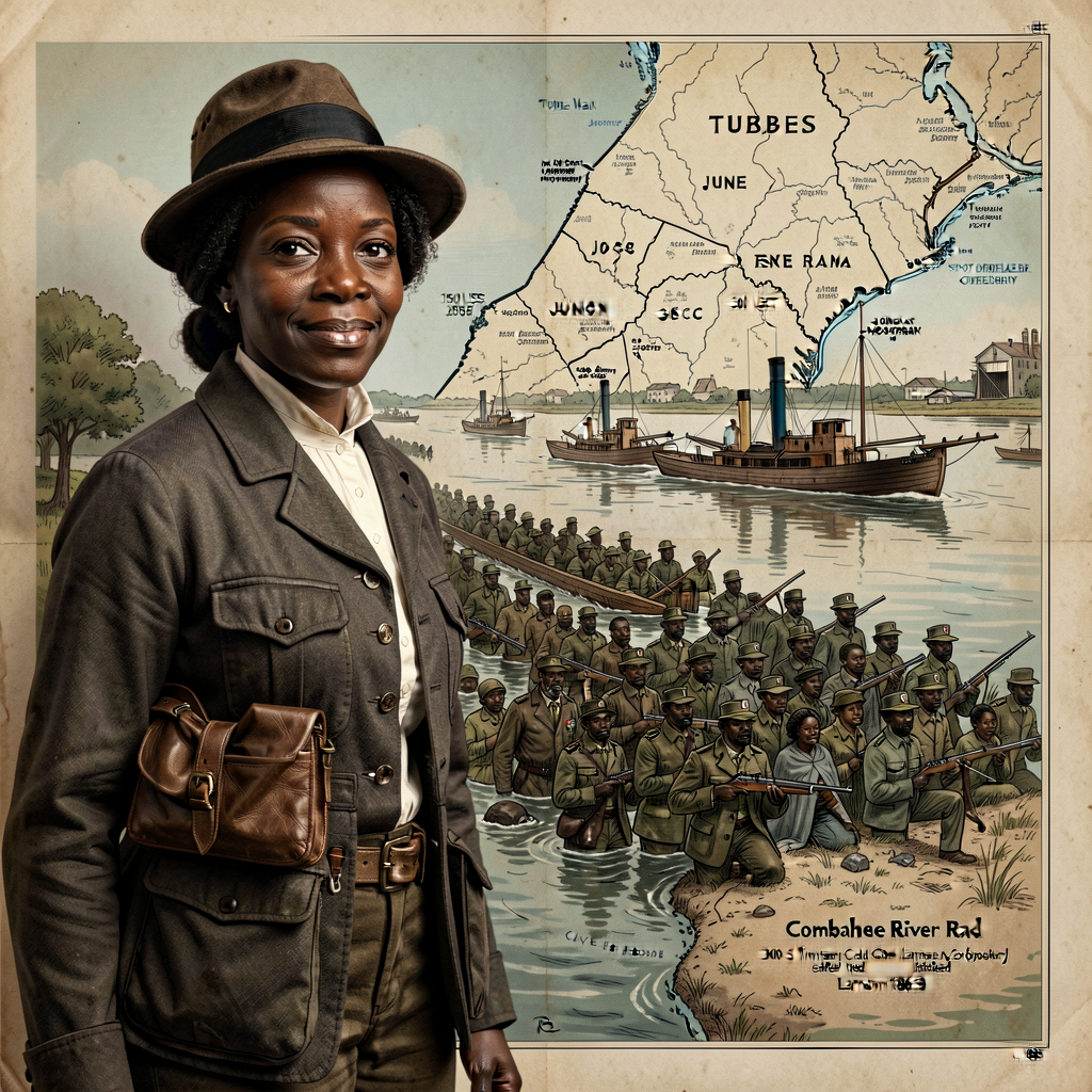 Photograph of Tubman c.1885 + Combahee River Raid June 2 1863 SC map showing 3 Union river-gunboats + 300 USCT (2nd SC I