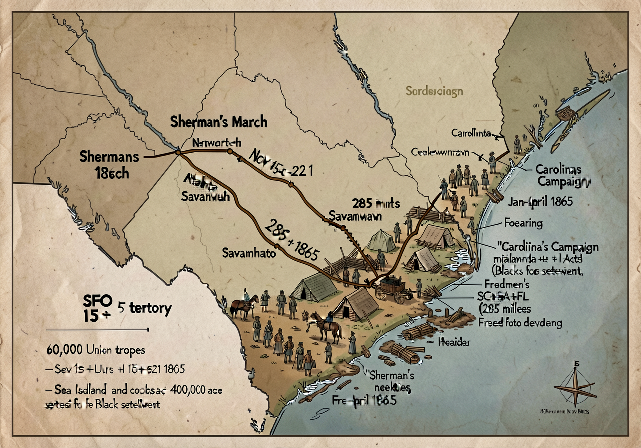Map of Sherman's March showing Atlanta-to-Savannah route Nov 15-Dec 21 1864 + Carolinas Campaign Jan-April 1865 + SFO 15