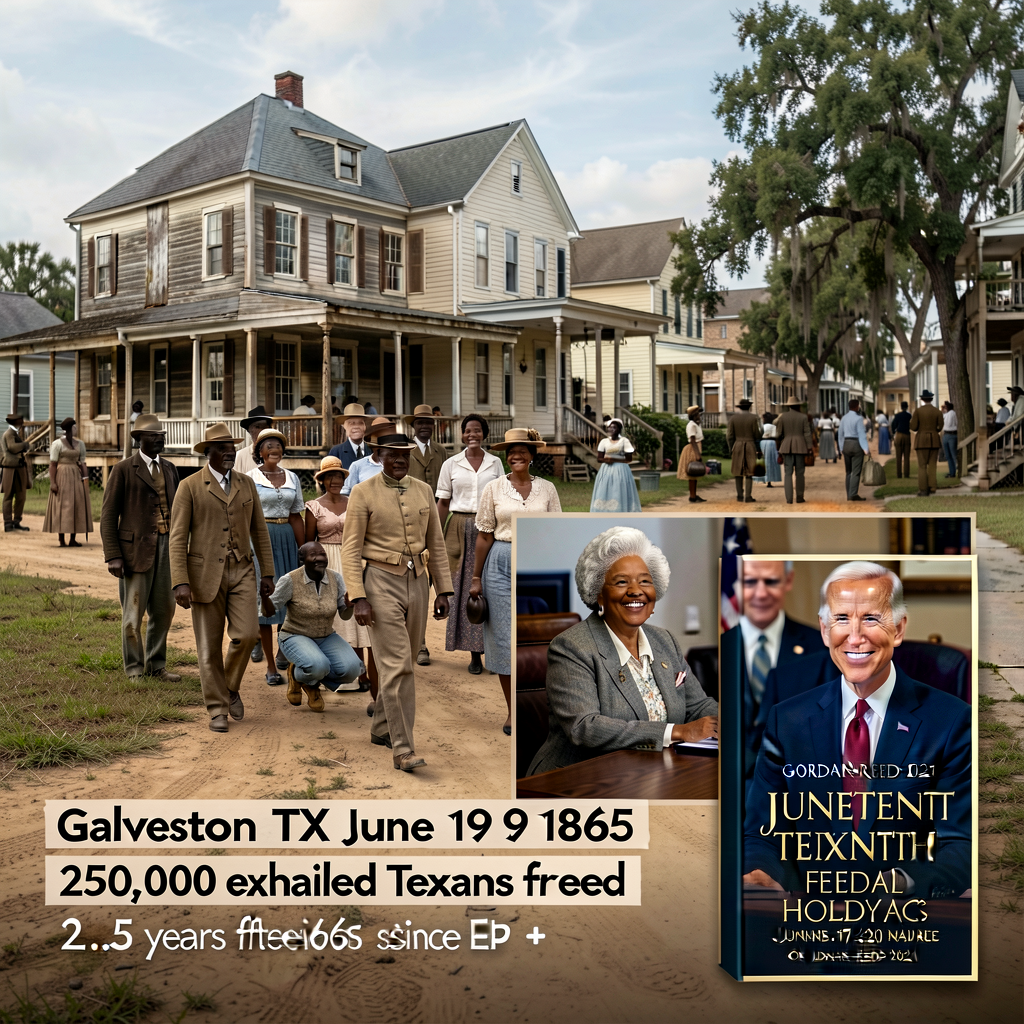 Composite: Galveston TX June 19 1865 historical site (where Maj. Gen. Gordon Granger issued General Orders No. 3) + Opal