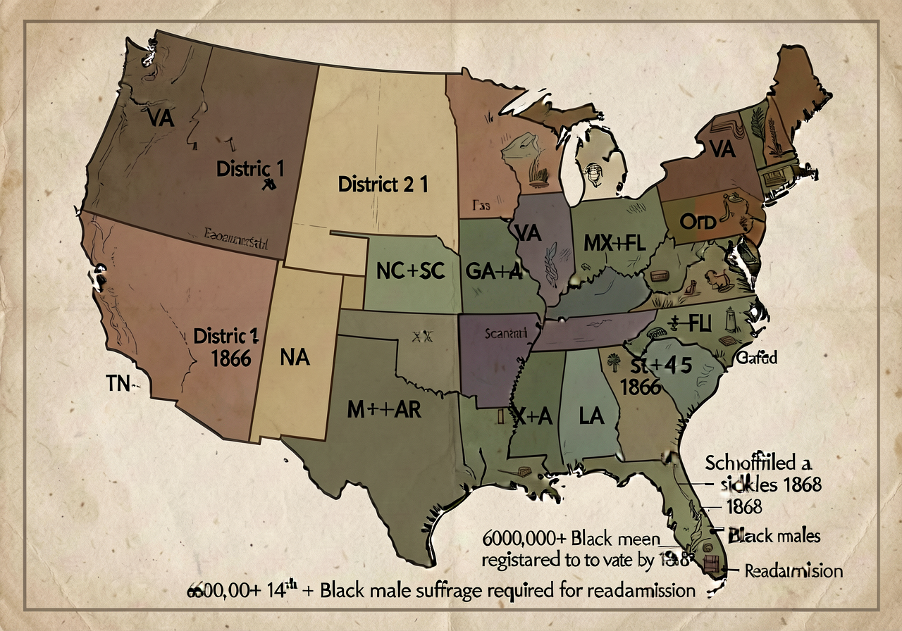 Map of 5 Reconstruction military districts: District 1 (VA), District 2 (NC+SC), District 3 (GA+AL+FL), District 4 (MS+A