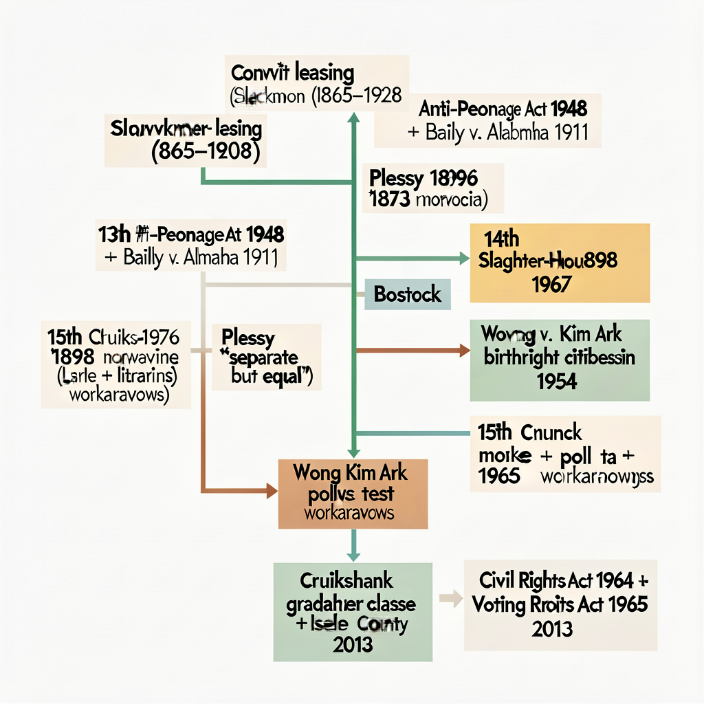 Chart tracing each Amendment forward: 13th -> convict leasing 1865-1928 (Blackmon 2008) -> Anti-Peonage Act 1948 + Baile