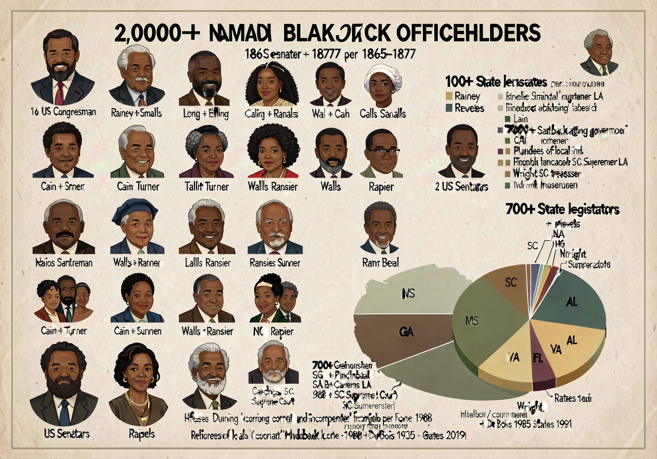 24x36 wall chart documenting 2,000+ named Black officeholders 1865-1877 per Foner 1996: 16 US Congressmen (Rainey + Smal