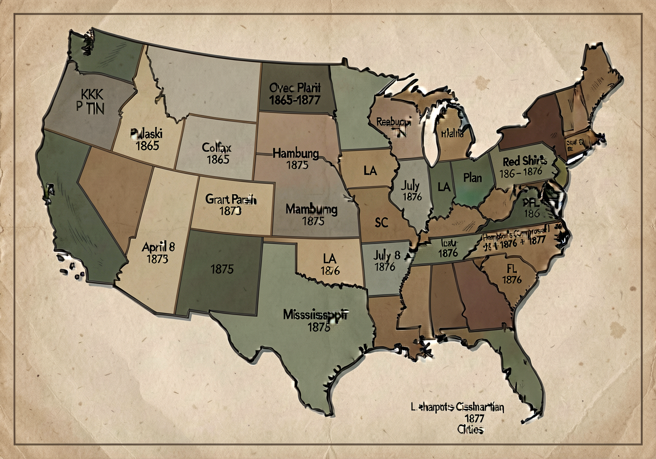 Map of US South 1865-1877 plotting overthrow events: KKK Pulaski TN Dec 24 1865; Colfax Grant Parish LA April 13 1873; H