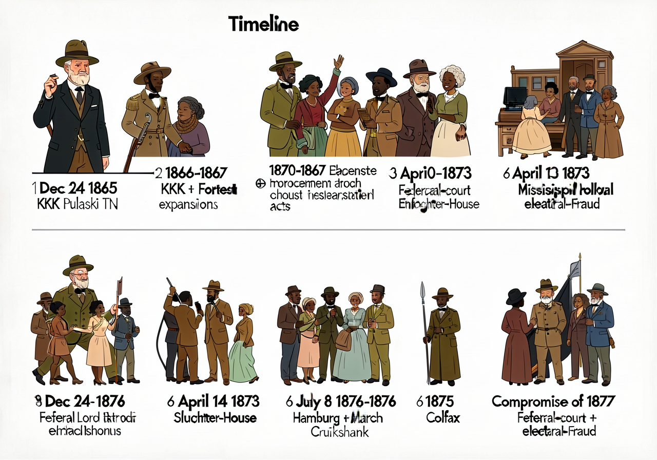 Timeline of 8 events 1865-1877: (1) Dec 24 1865 KKK Pulaski TN; (2) 1866-1867 KKK + Forrest expansion; (3) 1870-1871 Enf