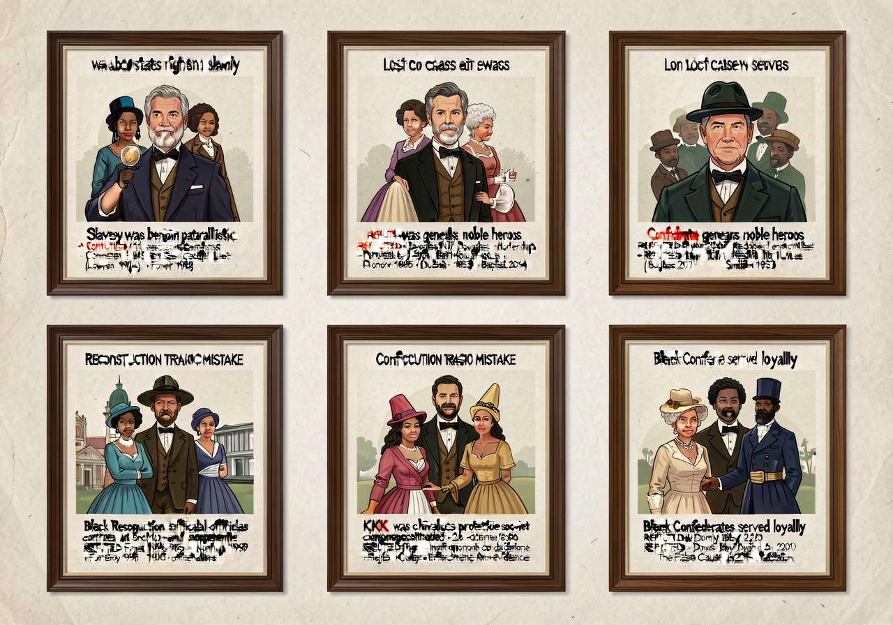24x36 wall display with 7 named Lost Cause framings each REFUTED with primary-source + scholarly evidence: (1) 'War abou
