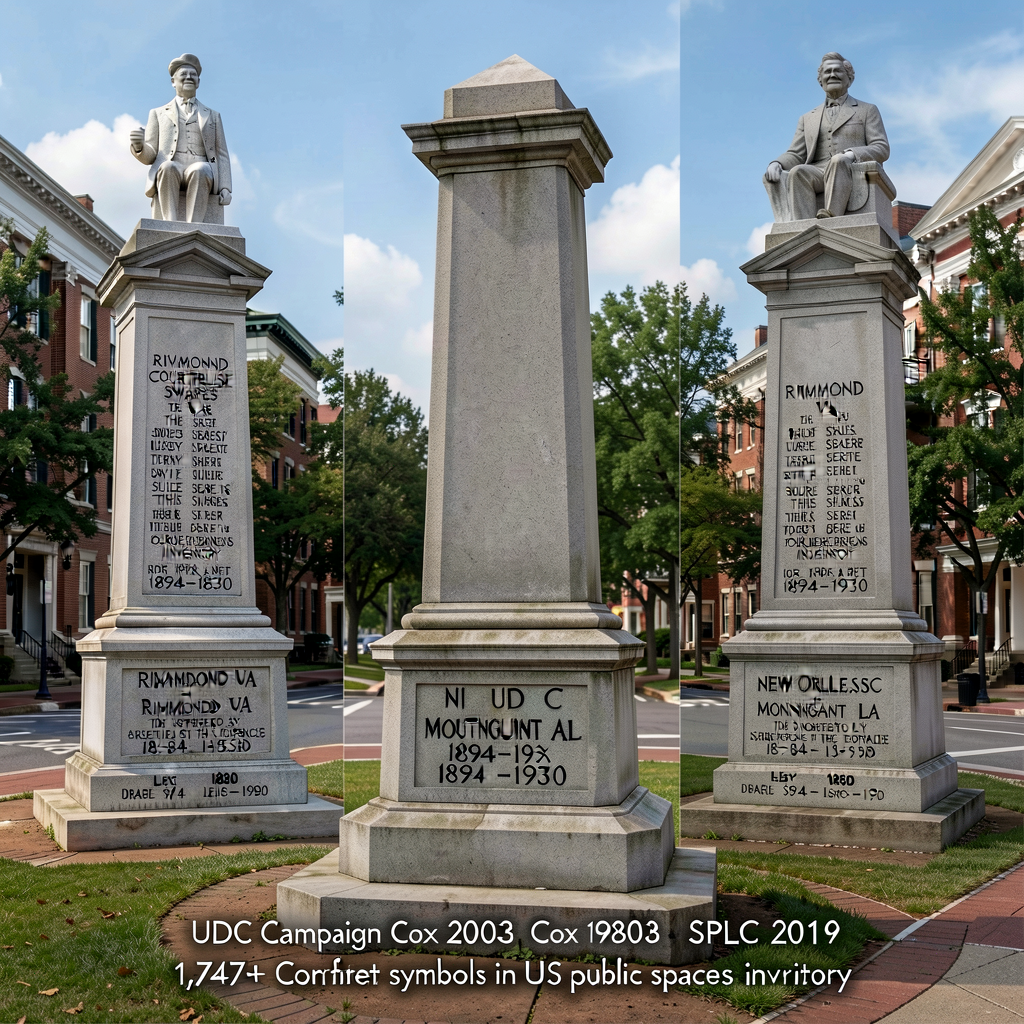 Composite: 3 UDC monument photographs (representative examples from courthouse squares Richmond VA + Montgomery AL + New