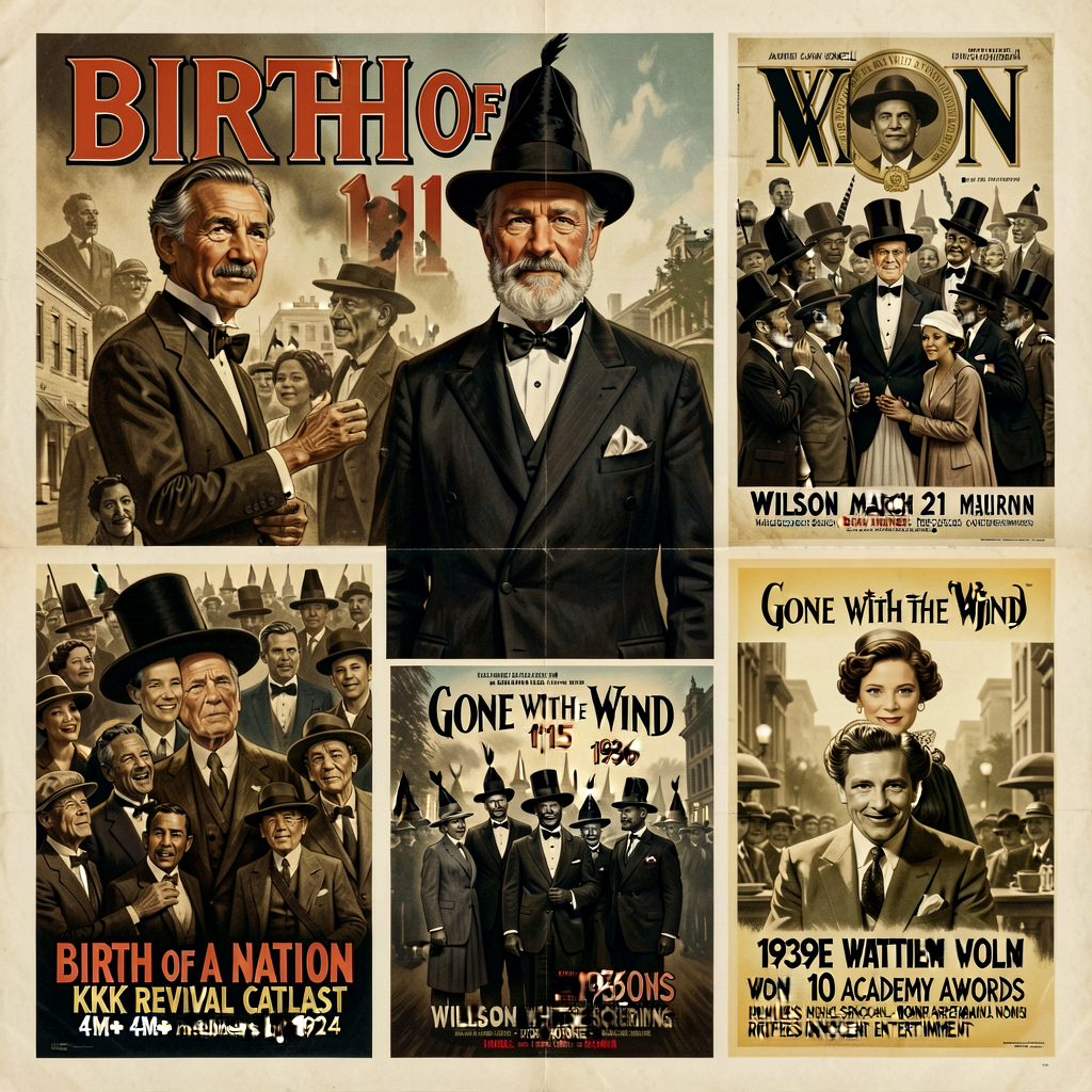 Composite: Birth of a Nation 1915 movie poster (D.W. Griffith) + image of KKK revival rally 1920s + Gone with the Wind 1