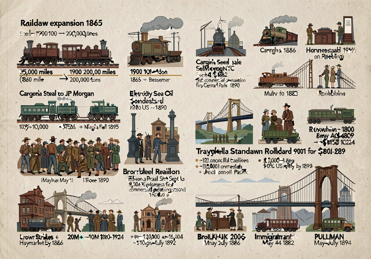 24x36 wall display with multiple data series: railroad expansion 1865 (35,000 miles) -> 1900 (200,000 miles); steel prod