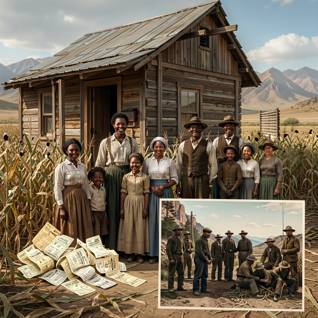 Composite: photograph of Black sharecropping family ~1900 outside cabin with cotton + crop-lien store receipts + Promont