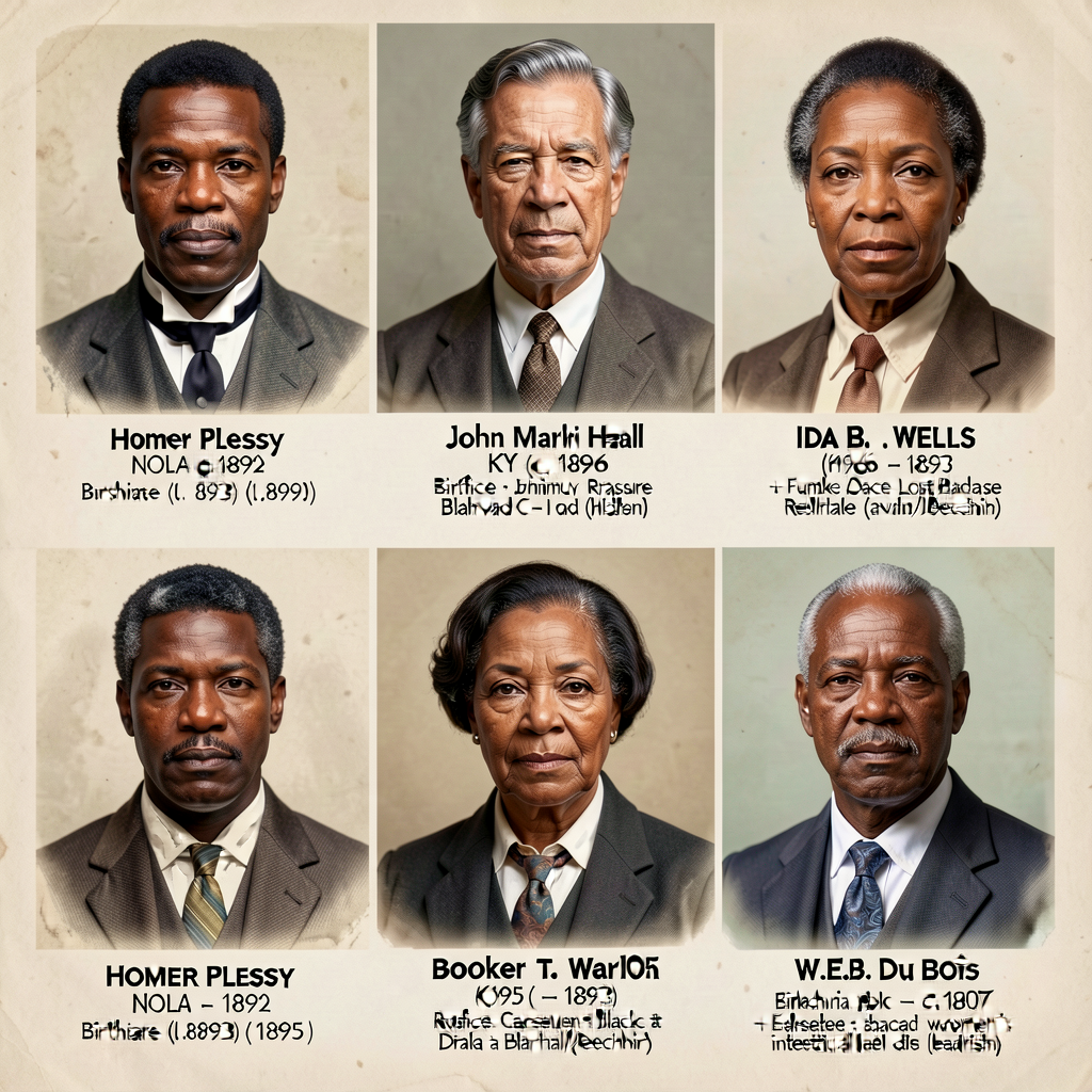 5-portrait composite: Homer Plessy NOLA c.1892 + Justice John Marshall Harlan KY c.1896 + Ida B. Wells c.1893 + Booker T