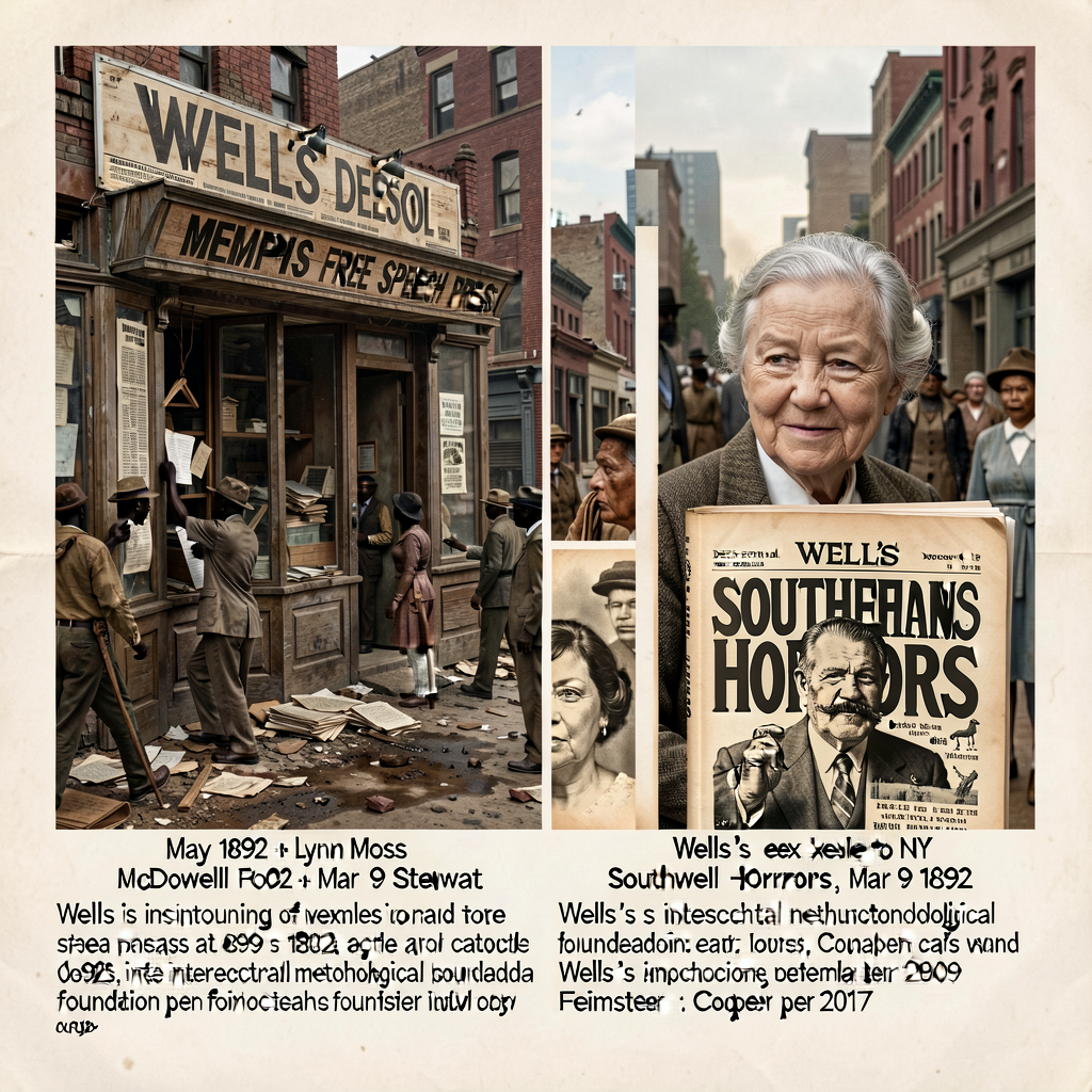 Photograph of Wells's destroyed Memphis Free Speech press 1892 + Wells's exile to NY + Wells's subsequent Southern Horro