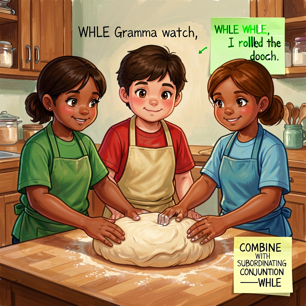 Reference image: a single sentence from a Grade-3 draft, originally 'I rolled the dough.' Revised in green pencil to 'WH