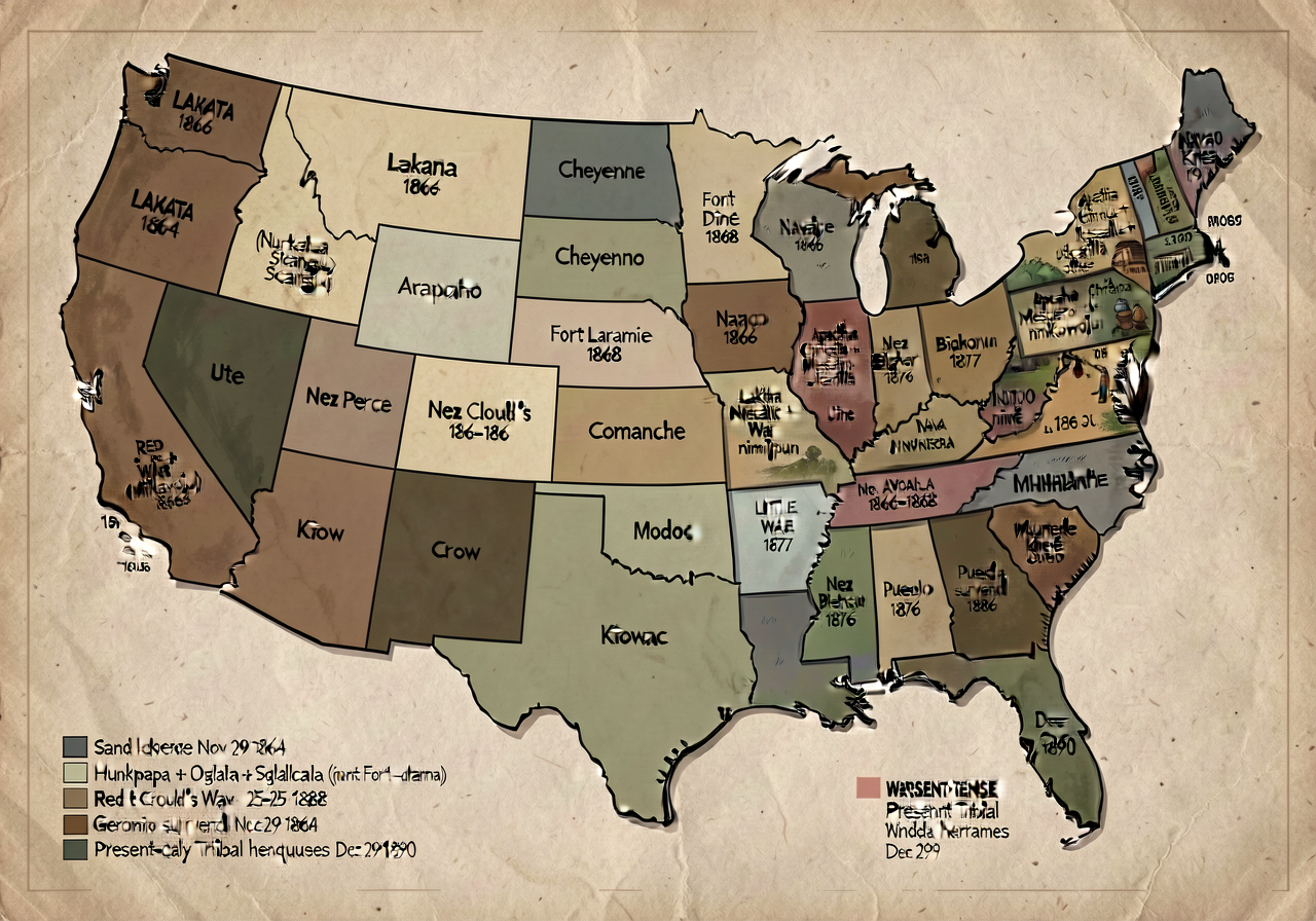 36x48 wall map showing Indigenous nations across present-day US 1865-1900: Lakota (Hunkpapa + Oglala + Sicangu + Mnikowo
