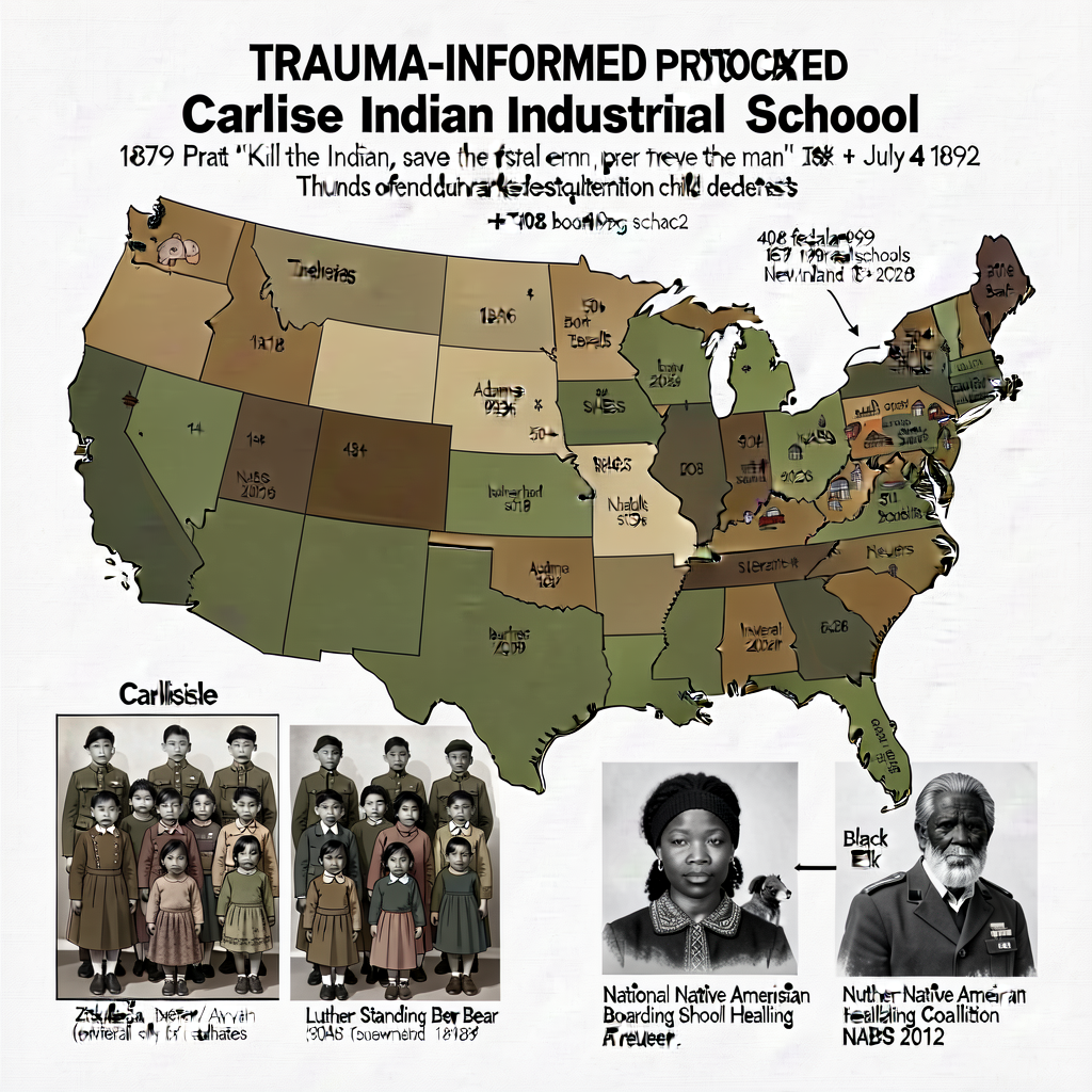 18x24 wall display (TRAUMA-INFORMED protocol active) showing Carlisle Indian Industrial School 1879 founding + Pratt 'Ki