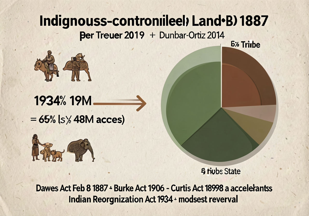 Chart showing Indigenous-controlled land 1887 (138M acres) -> 1934 (48M acres) = 65% loss in 47 years per Treuer 2019 + 