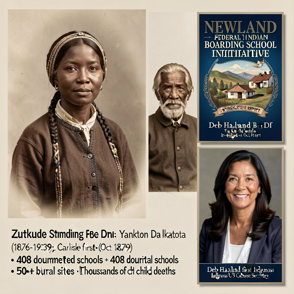 Composite: Zitkala-Ša (Gertrude Simmons Bonnin Yankton Dakota 1876-1938) c.1898 photograph + Luther Standing Bear (Óta K