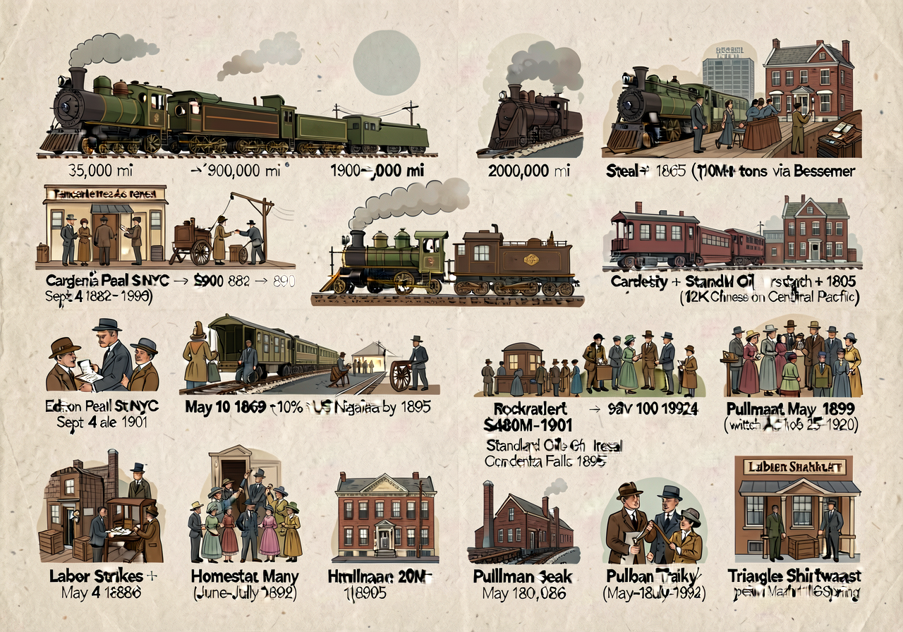 24x36 wall display: railroad 1865 (35,000 mi) -> 1900 (200,000 mi); steel 1865 (~20,000 tons) -> 1900 (10M+ tons via Bes