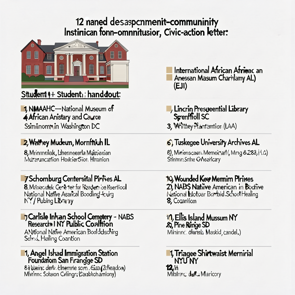 Wall display + student handout listing 12 named descendant-community institutions for civic-action letter: (1) NMAAHC — 