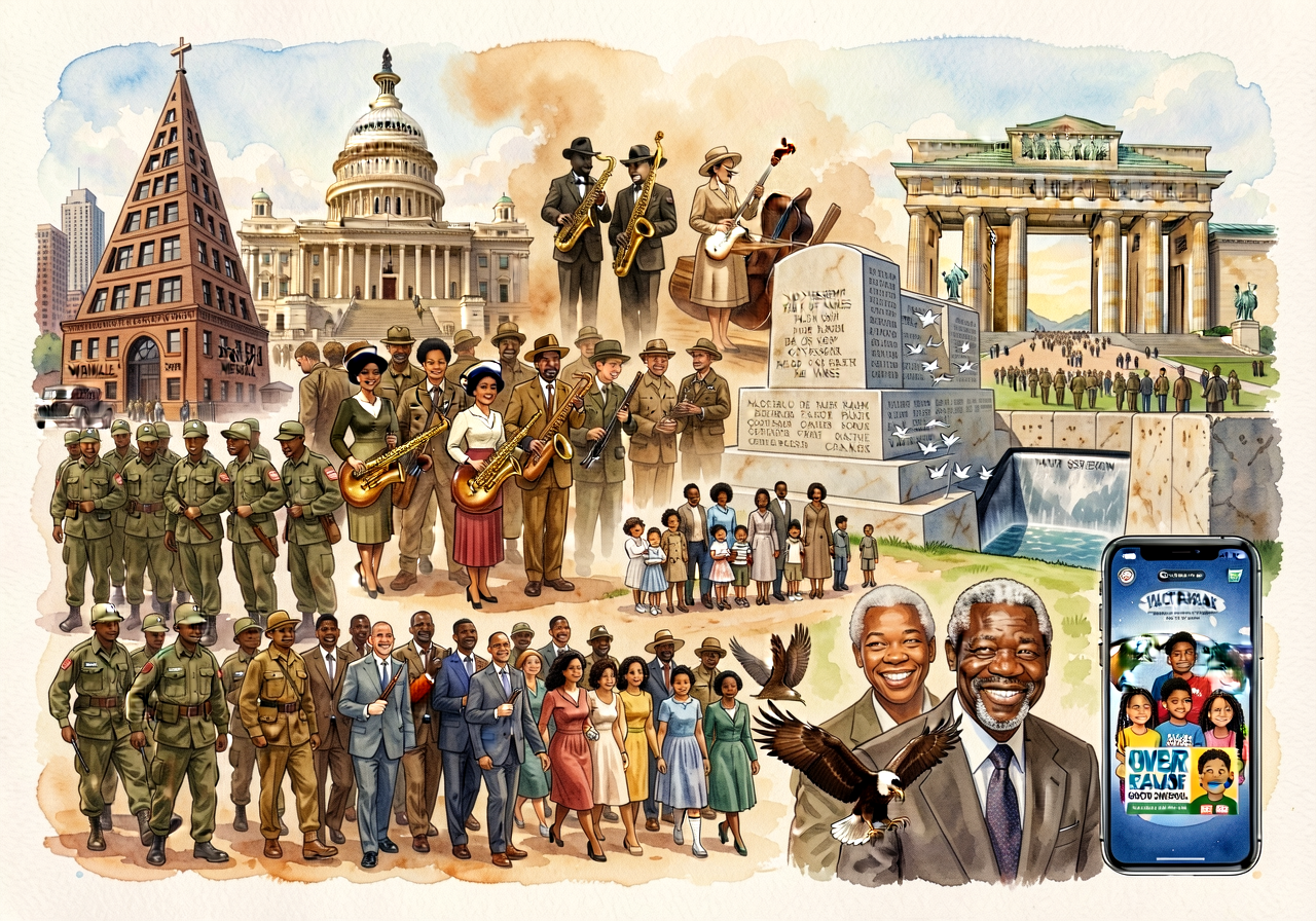Unit-opener splash: 16x24 watercolor montage stitching the long 20th century — left to right: Triangle Shirtwaist Memori
