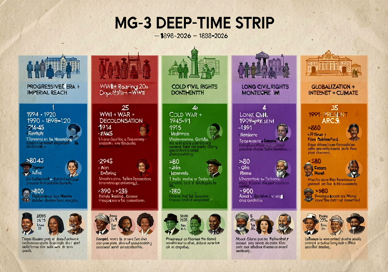 MG-3 Deep-Time Strip — 36x96 inch banner; 1898-2026 timeline; FIVE THEMATIC ARCS color-coded: (1) Progressive Era + Impe