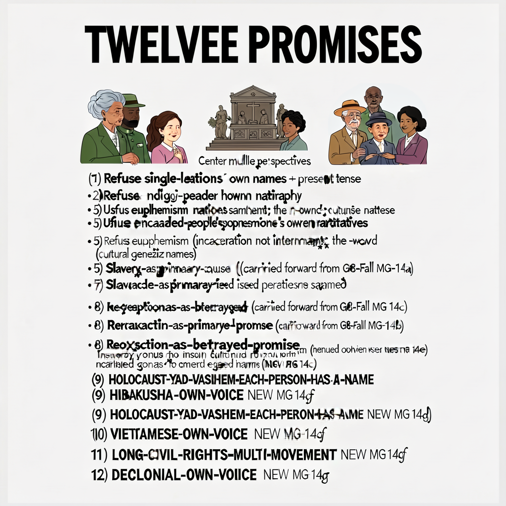 MG-5 TWELVE PROMISES poster (18x24 laminated) — explicit list: (1) Center multiple perspectives; (2) Refuse single-leade