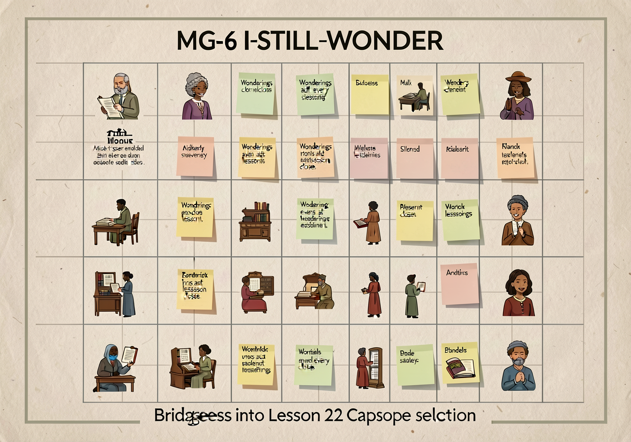 MG-6 I-STILL-WONDER chart — 36x48 wall chart with sticky-note grid; students add wonderings at every lesson close; bridg