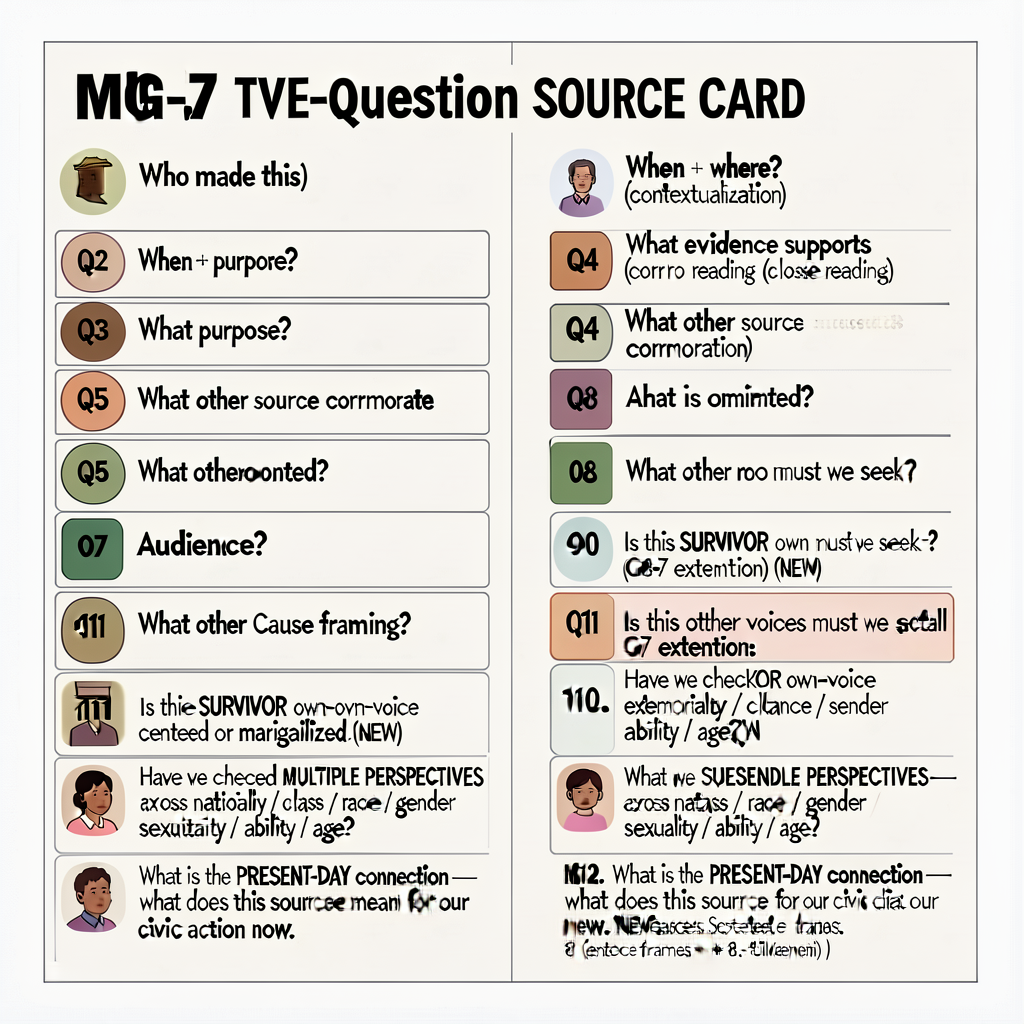MG-7 TWELVE-Question SOURCE CARD (8.5x11 laminated double-sided): Q1 Who made this? (sourcing); Q2 When + where? (contex