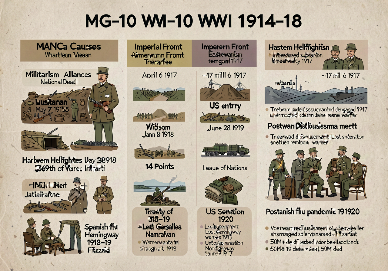 MG-10 WWI 1914-18 chart — 24x36; MAIN causes (Militarism + Alliances + Imperialism + Nationalism); Western Front + Easte