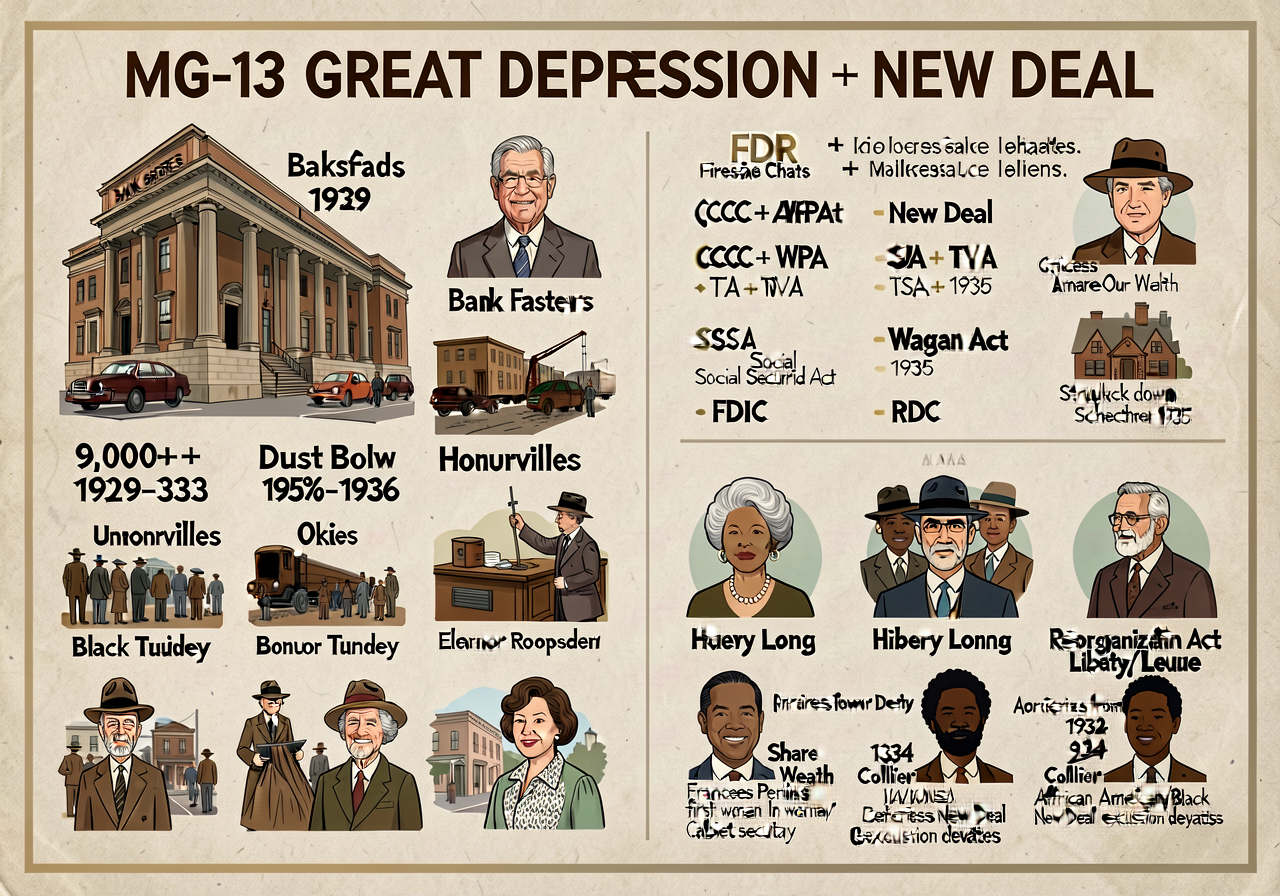 MG-13 GREAT DEPRESSION + NEW DEAL chart — 24x36; left: bank failures (9,000+ 1929-33) + unemployment 25% peak 1933 + Dus