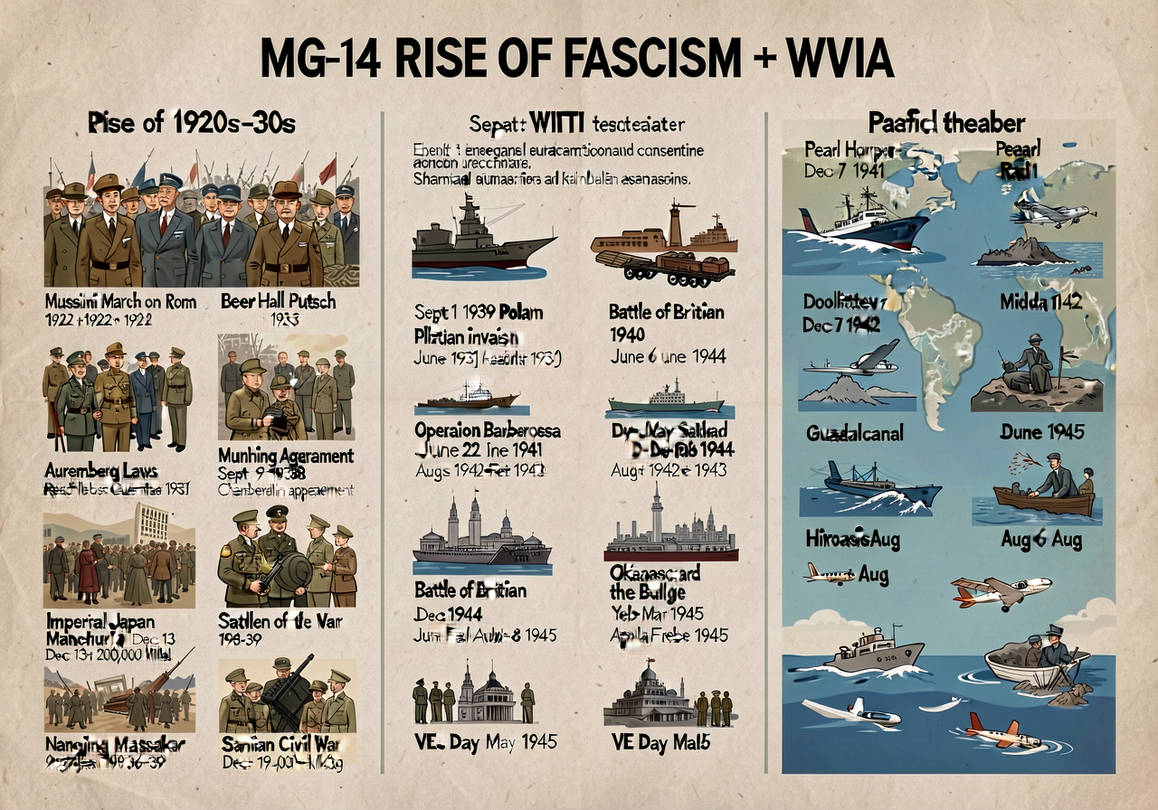 MG-14 RISE OF FASCISM + WWII chart — 36x48; left third: rise of fascism 1920s-30s (Mussolini March on Rome 1922 + Hitler