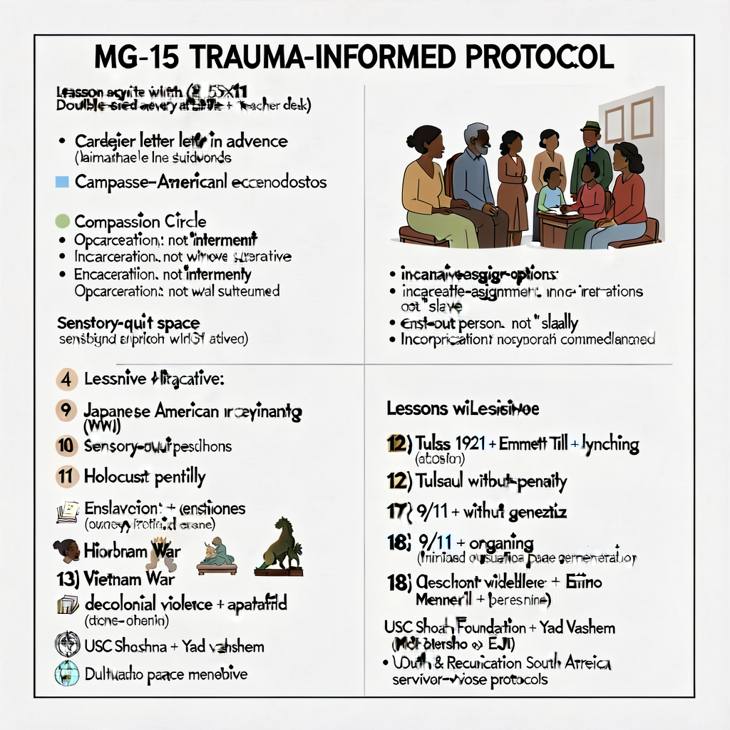 MG-15 TRAUMA-INFORMED PROTOCOL card (8.5x11 laminated double-sided at every table + teacher desk) — caregiver letter in 